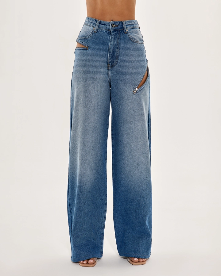 Blue Wide-Leg Denim Pants with Side Zippers – Modern and
